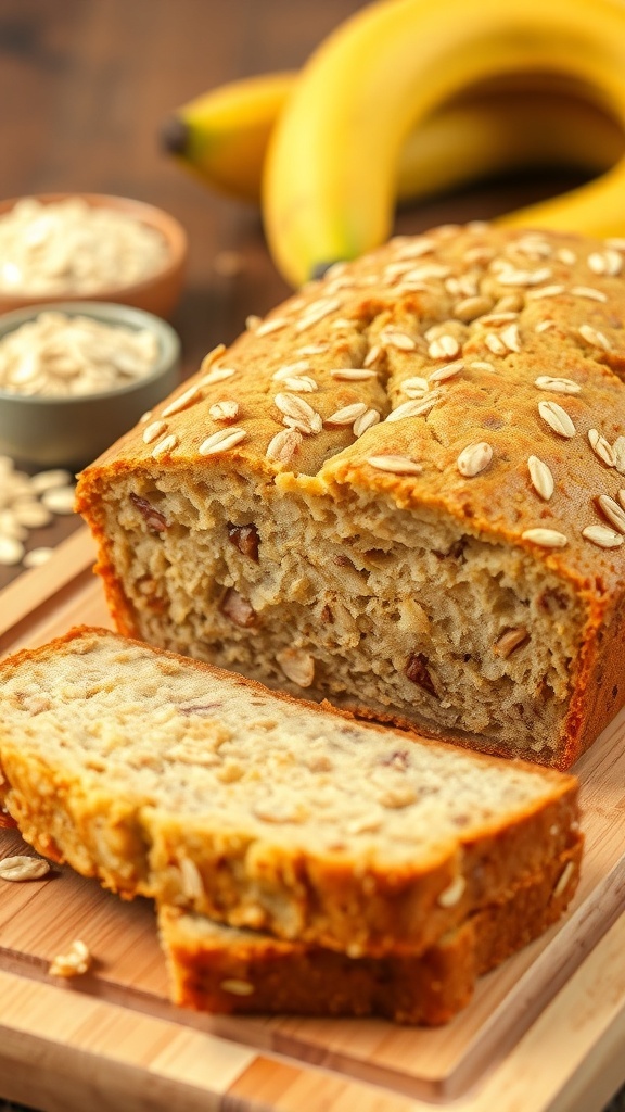 Healthy Banana Oat Bread Recipe Sliced banana oat bread on a cutting board with oats and bananas in the background.